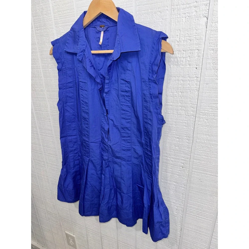 Free People Tunic Top Women Blue Sleeveless Pintuck Pleated Cotton S